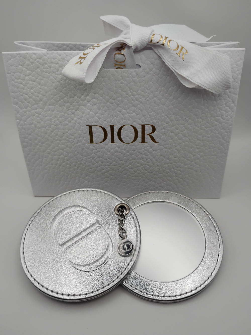 Dior Silver Compact Slide Mirror - Dior Branded Round Hand Mirror With Gift Bag